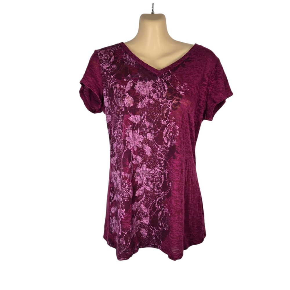 Daisy Fuentes Boysenberry Sheer Burnout Floral V-Neck T-Shirt Size M